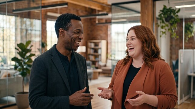 Diverse colleagues laughing and talking in a modern office setting, fostering collaboration and positive workplace culture