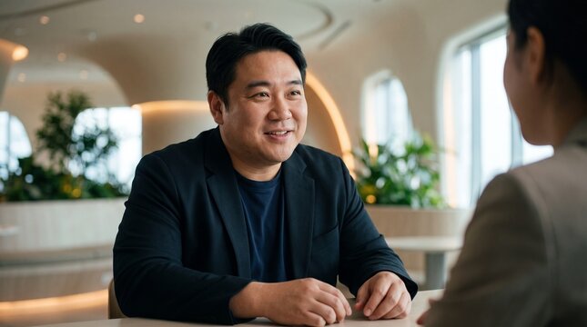 Asian businessman in a suit smiling during a meeting with a colleague in a modern office setting