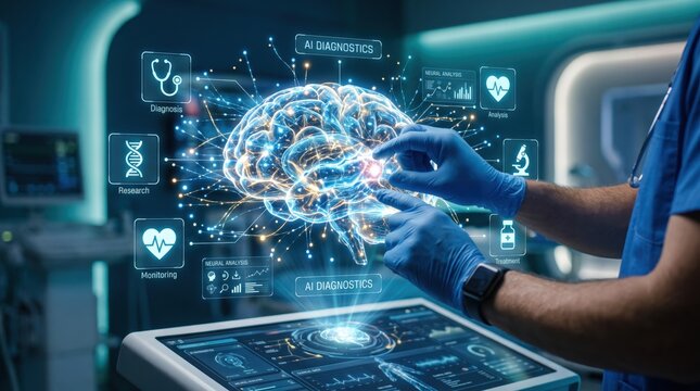 Doctor interacting with holographic AI brain interface, advanced medical diagnostics technology, futuristic healthcare system, digital health analysis, artificial intelligence in