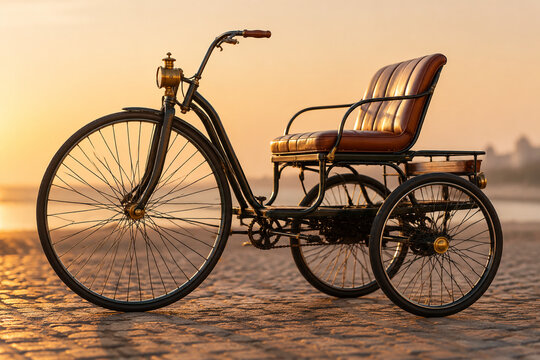 Vintage quadricycle with a large front wheel parked on cobblestones.