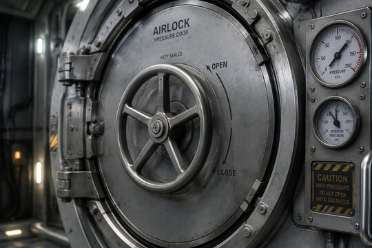 Close-up of a heavy circular spaceship airlock door with a large manual wheel and gauges.