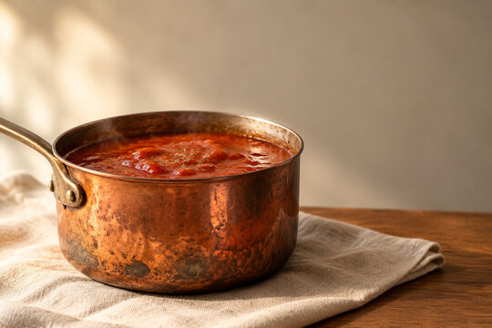 Copper pot with red sauce on dining table, home cooking and kitchenware concept