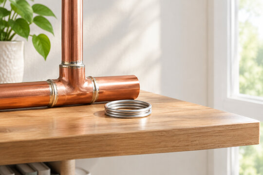 Copper pipe joint with braze alloy ring on shelf, home plumbing concept