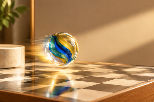 Glass marble taw above checkerboard surface, game and recreation concept.