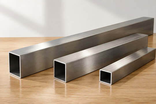 Brushed steel beams on oak table, modern structural design concept