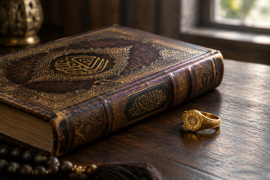 Ancient leather-bound Quran with a golden signet ring on dark wood.