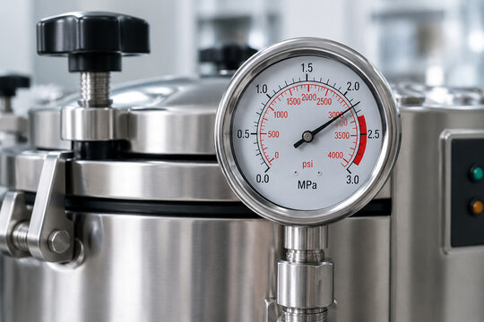 Close-up of a polished stainless steel autoclave dial indicating high pressure.