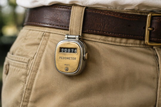 A vintage mechanical pedometer clipped onto classic khaki trousers.