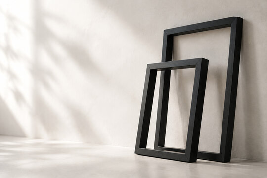 Black geometric frames against plaster wall, interior decor and modern design concept