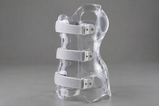 Transparent spinal orthosis on grey background, showcasing its form and clarity.