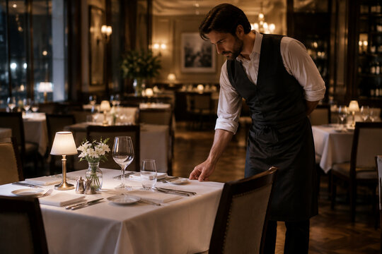 A restaurateur checking a set table in an empty dining room.