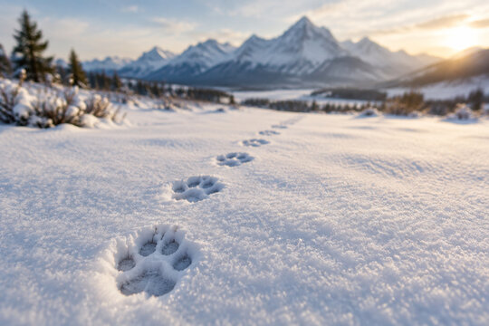 Animal footprints create indentations in fresh snow, leading towards distant mountains.