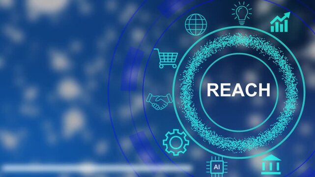 Digital marketing concept REACH audience reach metric with glowing icons on a blue background online advertising