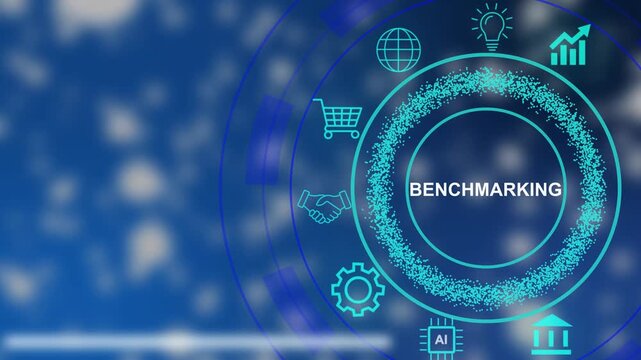Digital technology concept of benchmarking with glowing icons and circular interface on a dark blue background