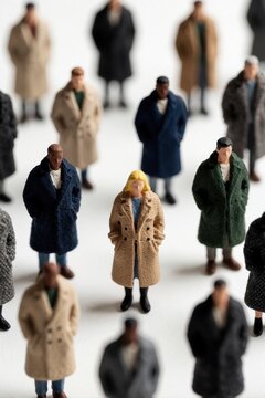 Group of miniature people figures wearing different winter coats on white background. Small plastic models stand together in crowd. Tiny anonymous figurines represent diverse population, social