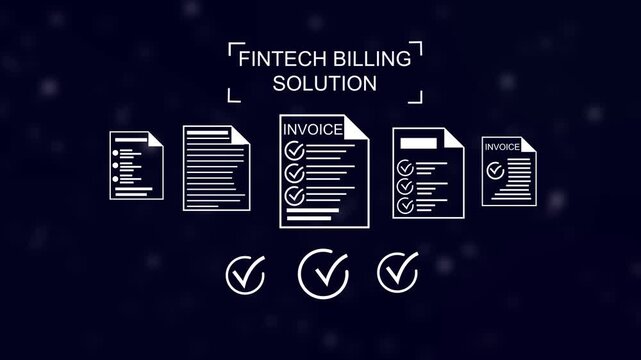 Digital fintech billing solution process invoices and checkmarks symbolizing approval and documentation accuracy Gluon. 4k animation video