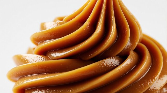 Close up of creamy caramel swirl texture. Thick dulce de leche sauce forms smooth spiral pattern. Golden brown sweet confectionery topping for dessert. Delicious buttery toffee melted sugar paste