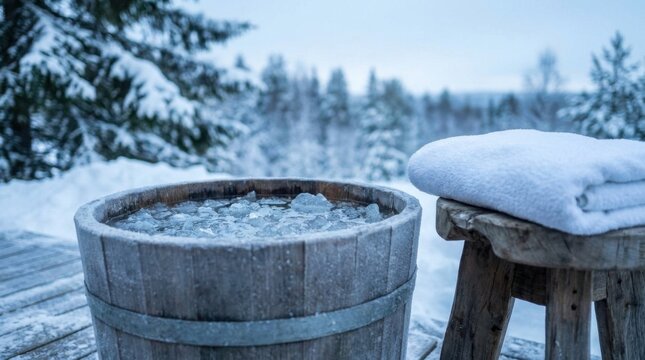 Wooden Cold Plunge Tub with Icy Water in Snowy Winter Forest