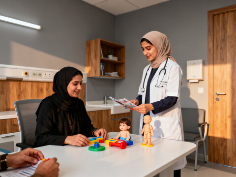 Saudi woman reviewing child-friendly examination tools and program Tabuk generic pediatric clinic, authentic contemporary Saudi setting, soft late afternoon light, modern gray and warm oak
