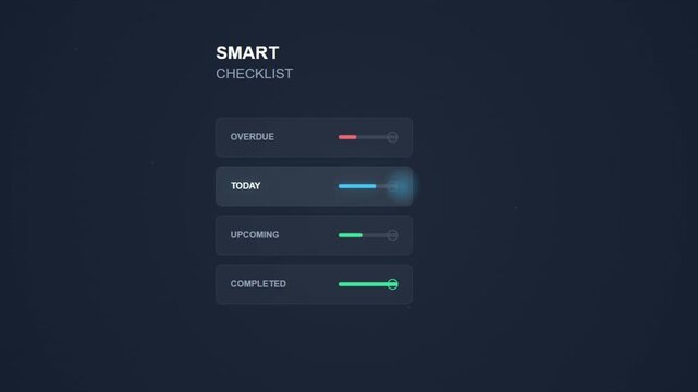 Digital task management dashboard with progress tracking bars and status indicators for daily organization on dark screen