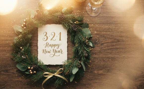 New Year Wreath 3 2 1 Countdown Celebration Greeting Card on Rustic Wooden Table