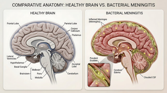 Human brain anatomy comparison healthy brain versus meningitis two panel medical illustration showing inflamed meninges and swollen covering