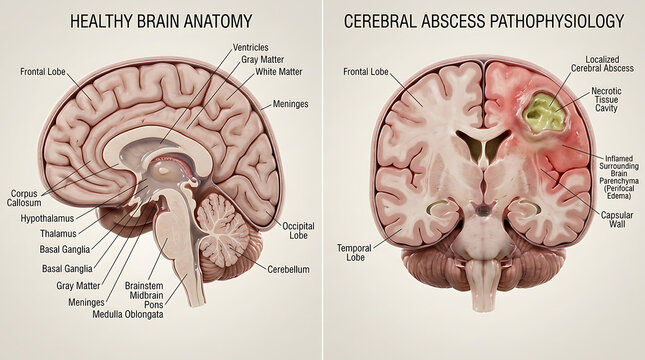 Human brain anatomy comparison healthy brain versus brain abscess two panel medical illustration showing pus collection and necrotic cavity