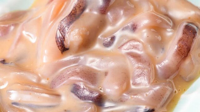 Close-up macro shot of traditional Japanese ika no shiokara fermented squid delicacy with salted preservation