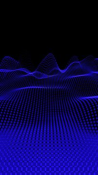 Abstract futuristic dots pattern on dark wavy background. Big data digital code. Vertical mobile video, blue terrain motion, 4K seamless loop.