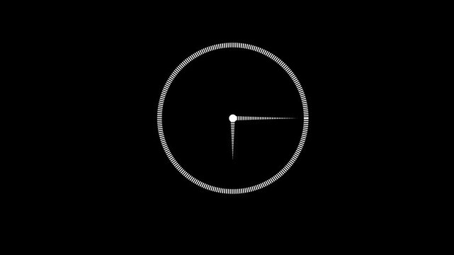 Analog clock spinning animation loop with a 12-hour clock face, rotating hands, and circular timer design on a black background. 4K high-quality motion graphic for time, countdown, schedule.