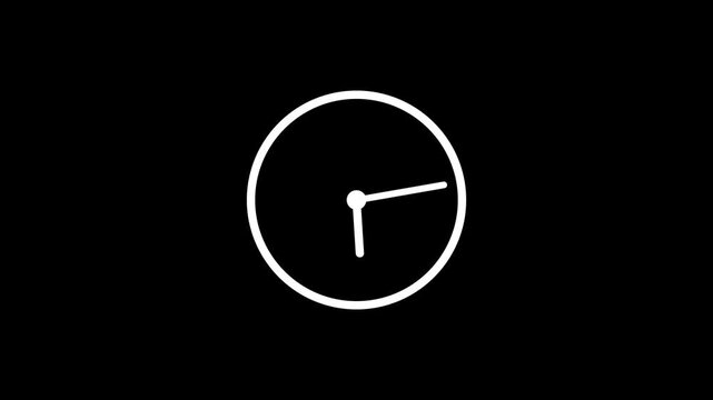 Animated analog clock icon with continuously rotating hands, circular timer design, and a 12-hour clock face on a dark background. 4K seamless motion graphic for timing, duration, countdown, and time 
