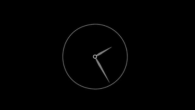 Analog clock spinning animation loop with a 12-hour clock face, rotating hands, and circular timer design on a black background. 4K high-quality motion graphic for time, countdown, schedule.