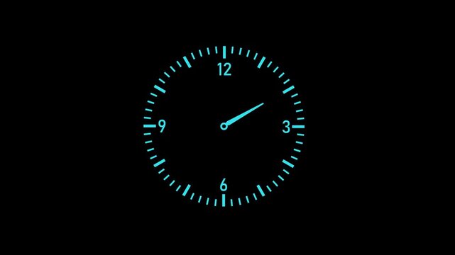 Futuristic Analog clock spinning animation loop with a 12-hour  turquoise circular clock animation, illuminated tick marks rotating smoothly on a black background.