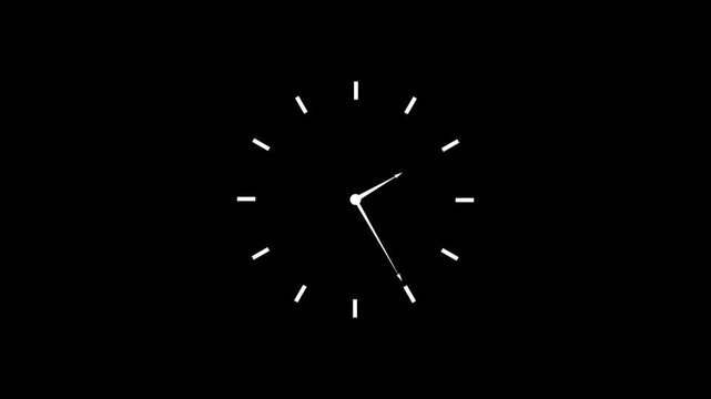 Analog clock spinning animation loop with a 12-hour clock face, rotating hands, and circular timer design on a black background. 4K high-quality motion graphic for time, countdown, schedule.