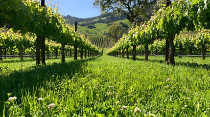 Fototapeta premium Regenerative Vineyard Row Glowing Green With A Cover Crop Understory