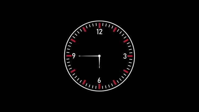 Minimal analog clock animation featuring a detailed circular dial, hour markers and red accents smoothly rotating against 12-hour clock face on a dark background.