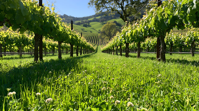Regenerative Vineyard Row Glowing Green With A Cover Crop Understory