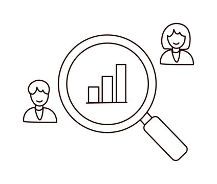 business people examining bar charts through a magnifying glass