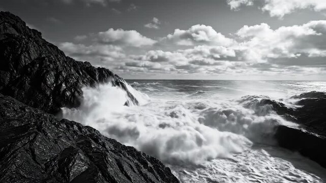 Stormy Sea Waves Crashing Over Rugged Coastal Cliffs At Twilight.