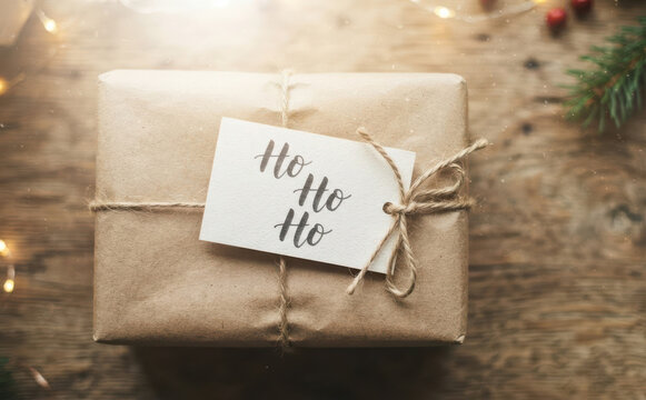 Wrapped Christmas gift box with brown craft paper and string tied tag saying ho ho ho on rustic wooden background for winter holiday celebration