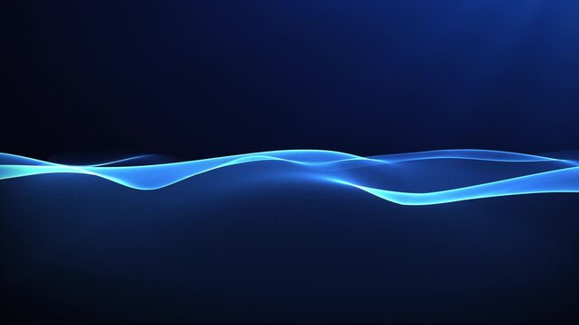 Blue business background of liquid water flows smoothly. Close-up waves glow with thin light rays. Abstract scientific screen, seamless loop.