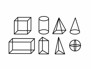 3D geometric basic shape collection including cube, cylinder, pyramid, cone, cuboid, prism, and sphere isolated on white background. © Pipaapip