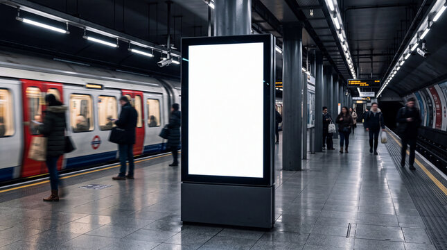 Mockup Blank digital billboard on subway platform with train arriving for mockup