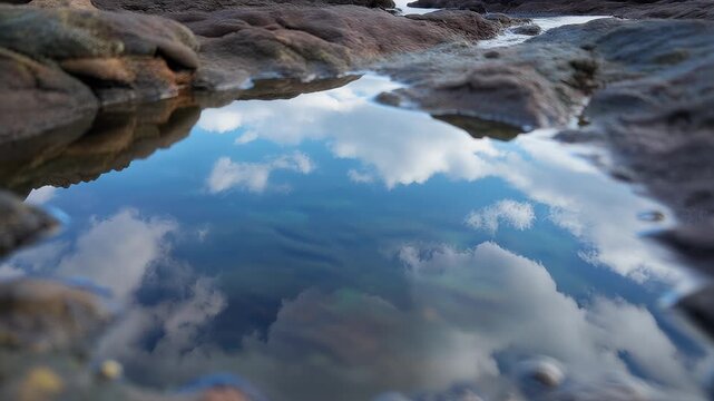 Blue sky with white clouds reflecting in a small rocky tidal pool on shore 4K Generative AI