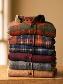 A stack of six plaid flannel shirts in colors like olive green, rust orange, navy blue, and burgundy is arranged on a wooden surface.