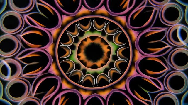 Abstract geometric kaleidoscope animation with vibrant orange and purple neon floral patterns pulsing rhythmically 4K Generative AI