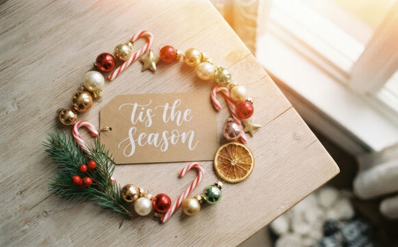 Flat lay Christmas greeting card mockup with Tis the Season tag, ornaments, and pine twigs on wooden table
