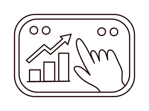 Hand touching dashboard screen displaying growth chart and arrow