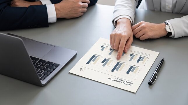 Business team analyzing printed digital marketing performance report with bar charts during meeting, pointing at statistics on table next to laptop pen for collaborative strategy