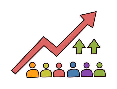 Rising arrow above diverse people showing population growth